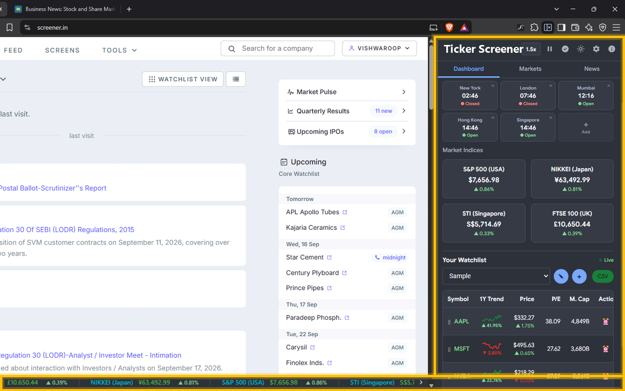 Ticker Screener live market dashboard